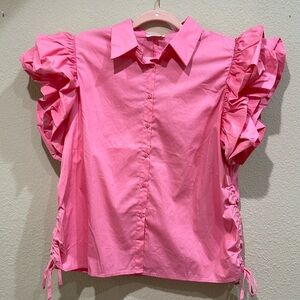 Nwt Bucket List pink ruffle sleeve buttoned shirt with ties on side. 100 cotton